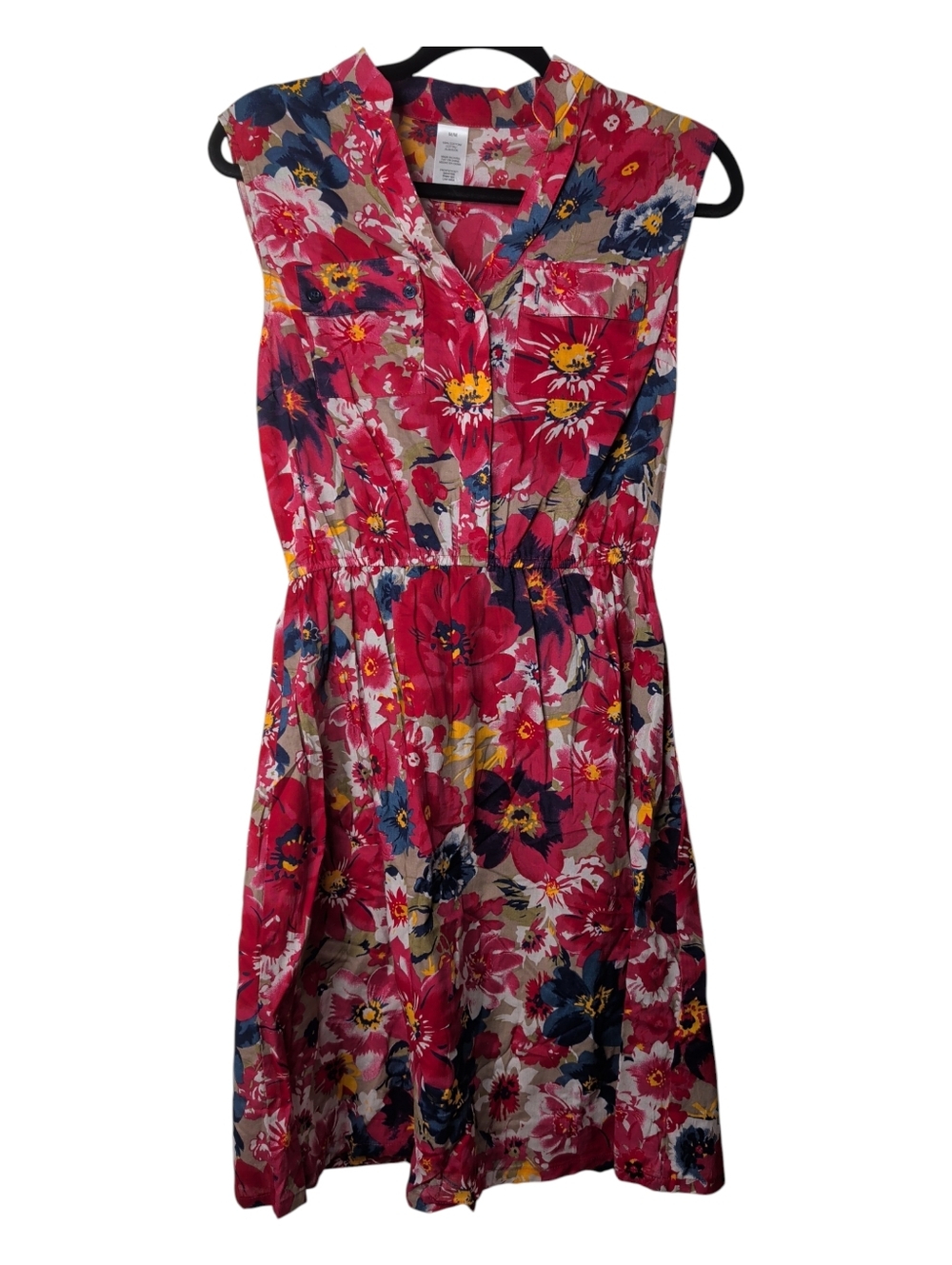 100% Cotton Sleeveless Floral Button-Front Dress in Fuchsia Pink